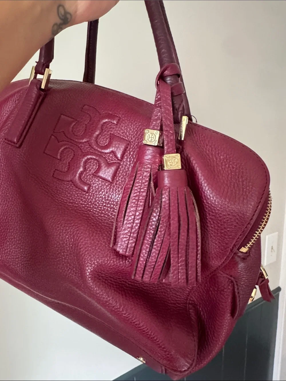 Tory Burch Plum Pebbled Leather Satchel with Tassel
